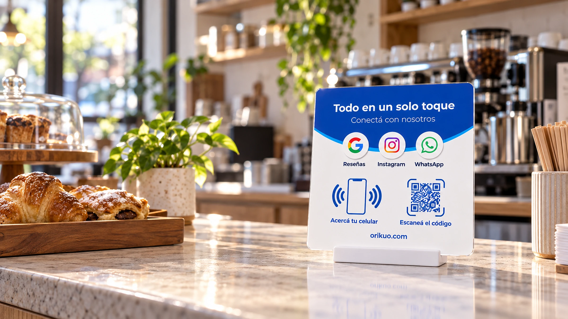 Un Orikuo Conecta sobre el mostrador de una cafetería